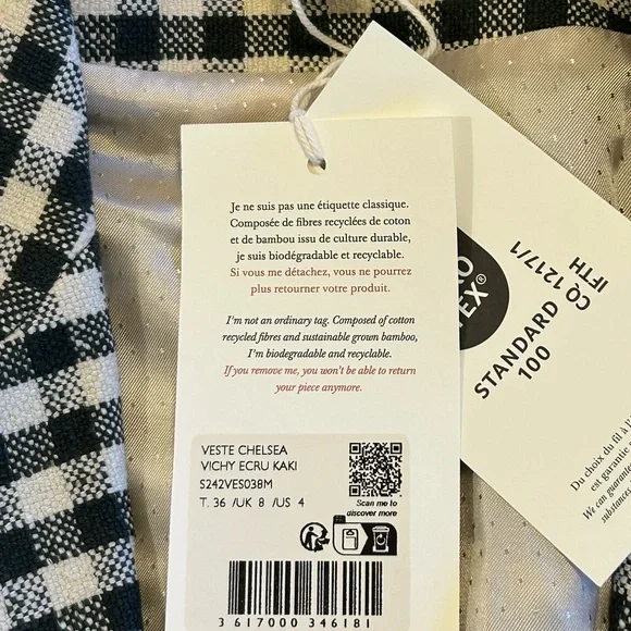 NWT Sézane Chelsea Blazer Dark Green (almost black) & Ecru Gingham Linen SZ 4 - Picture 11 of 11